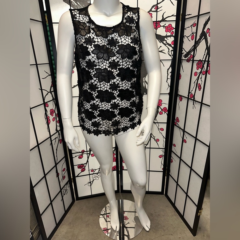 Faux leather floral lace tank